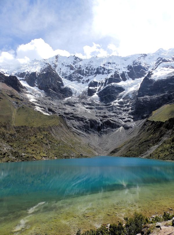 lagoon, lake, mountains, humantay, peru, andy, crystal, green, nature, lazur, mountain lake, rocks, snow, mirror, peace of mind, landscape, the glacier