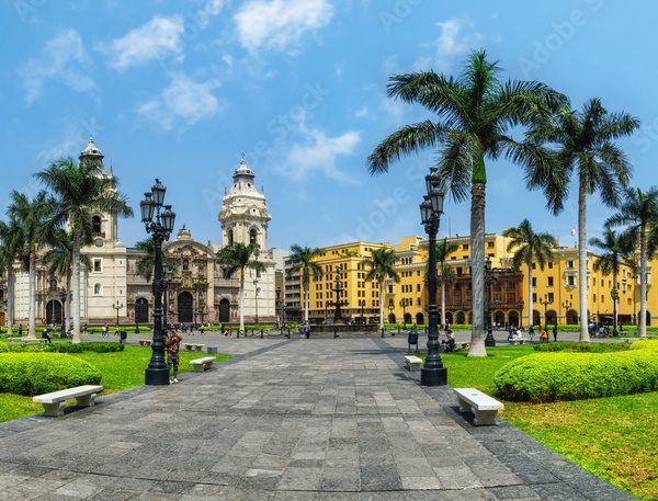 Panoramic view of Lima main square and cathedral church.