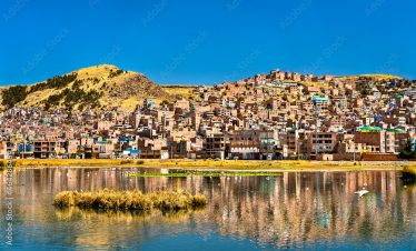 View of Puno from Lake Titicaca in Peru